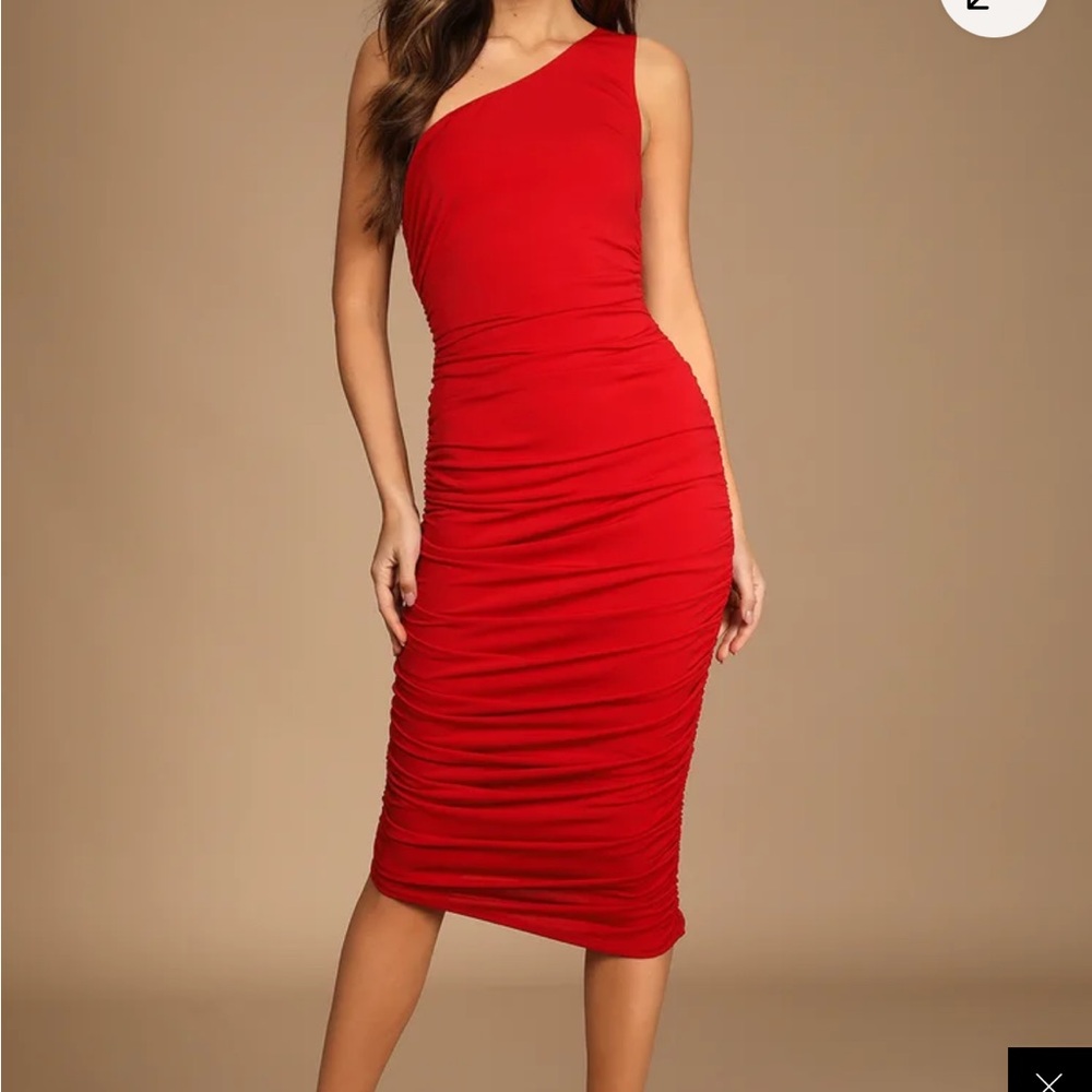 ✨ Lulus Total Appeal Red One-Shoulder Ruched Bodycon Midi Dress | Women’s Size S